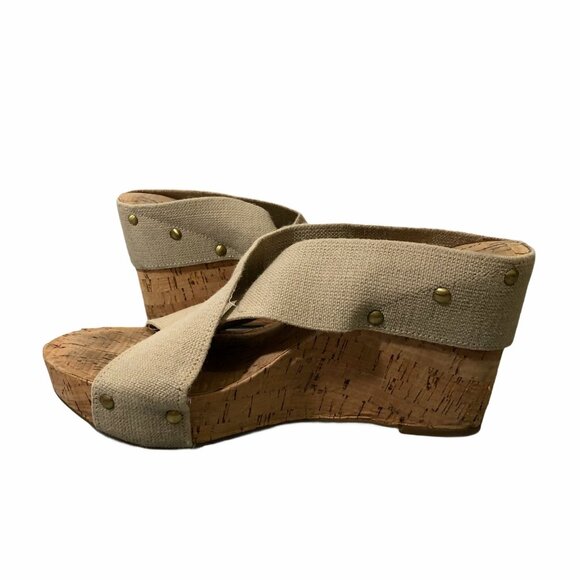 Lucky Brand Cork Wedge Womens 8.5 M Slip Ons Straps Beige Miller 2 Mules - Picture 1 of 10